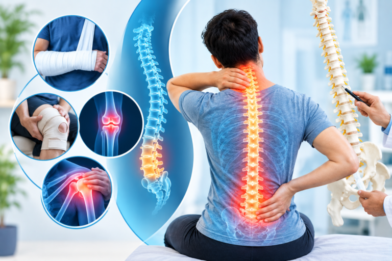 Trauma and spine care concept showing a patient with highlighted spinal pain, a detailed spine model, and medical illustrations of fractures, joint injuries, and orthopedic trauma in a modern clinical setting.