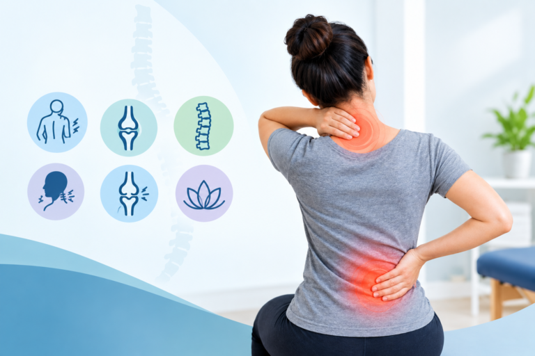 A woman sitting with her hands on her neck and lower back, with glowing highlights indicating pain, surrounded by medical illustrations of the spine, joints, neck, and shoulder in a calm healthcare setting.