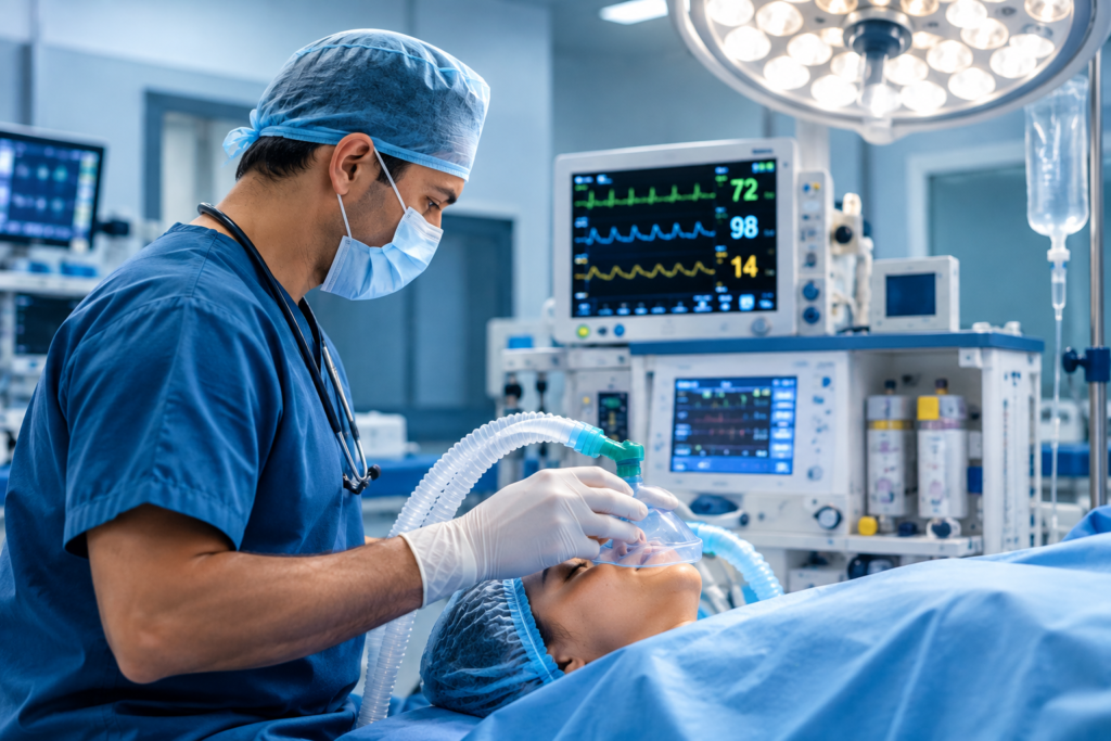 Critical and intensive care unit with healthcare professional monitoring a ventilated patient