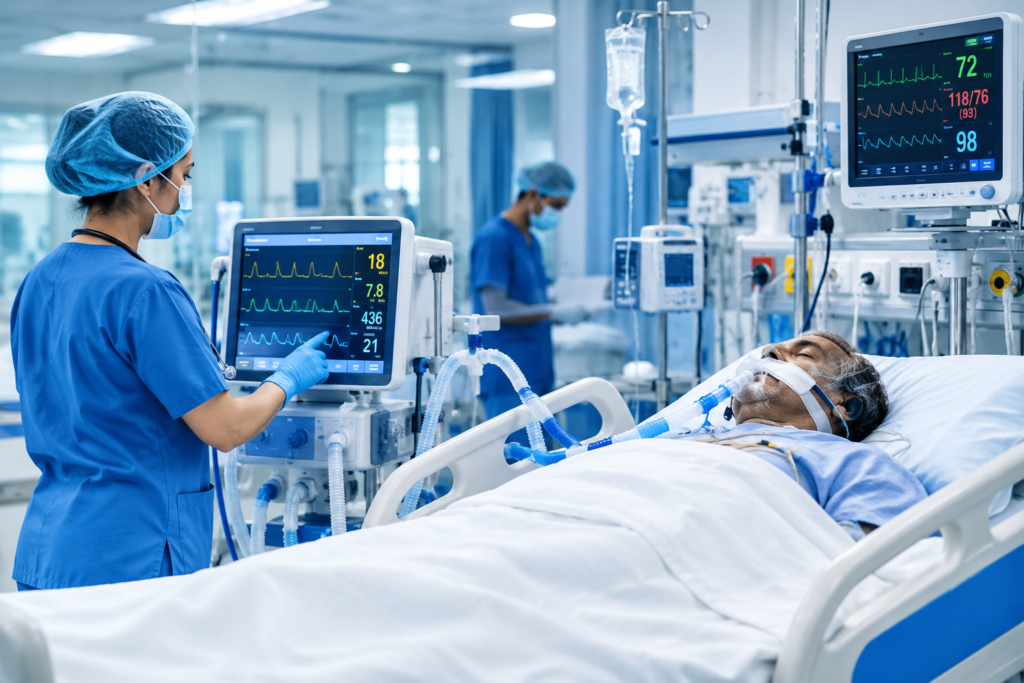 Critical and intensive care unit with doctor monitoring a patient on ventilator and advanced medical equipment