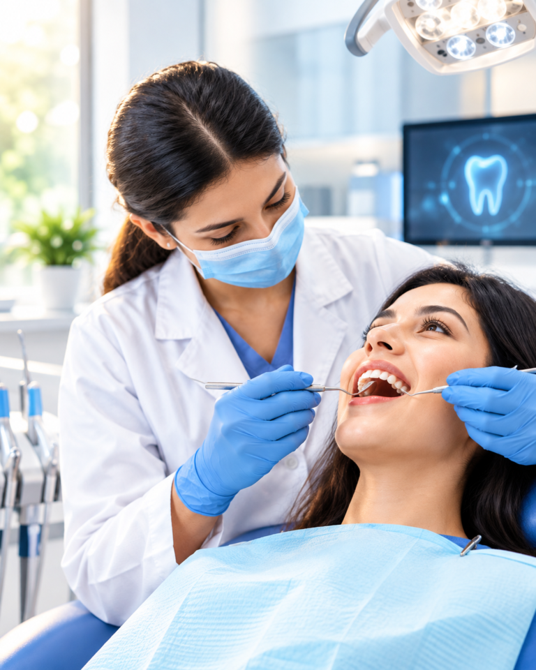 Dentist providing professional dental examination and treatment to a patient in a modern dental clinic.