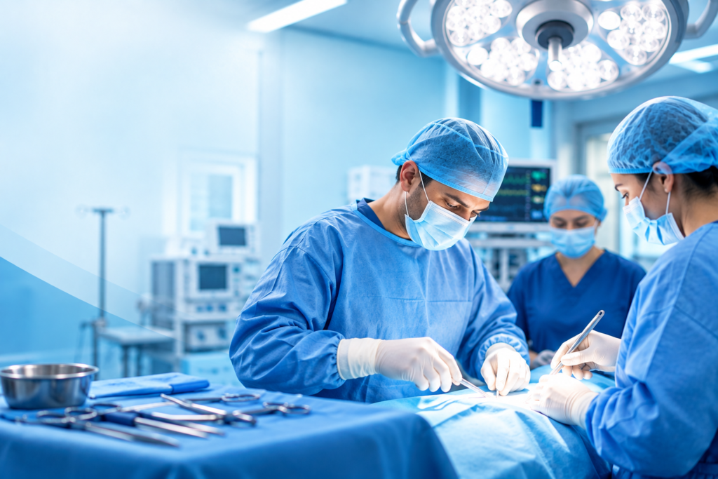 General surgery team performing a surgical procedure in a modern operating room