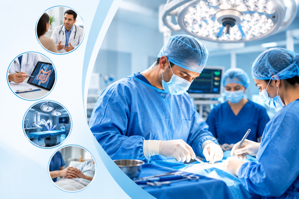 General surgery care with surgeons, patient consultation, modern surgical technology and postoperative support