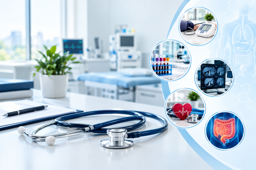 Internal medicine care with a modern clinic setting, stethoscope and medical diagnostic equipment