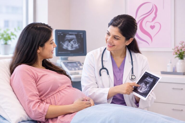 Obstetrician providing pregnancy and gynaecology care to a woman