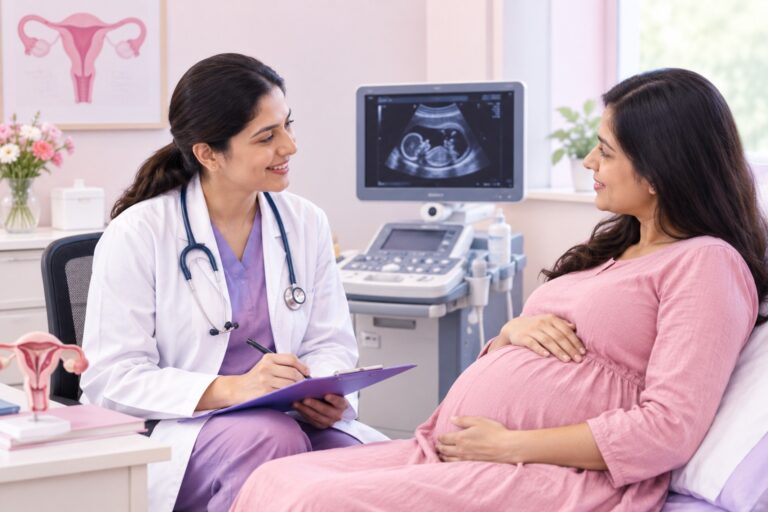 Obstetrician providing pregnancy and gynaecology care to a woman
