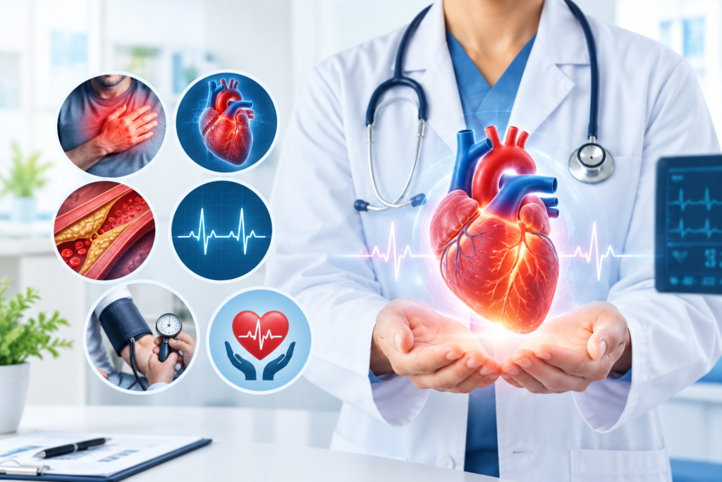 Cardiology care concept featuring a doctor with a stethoscope holding a glowing anatomical heart, surrounded by visuals of ECG monitoring, blocked arteries, chest pain, blood-pressure testing, and heart health.