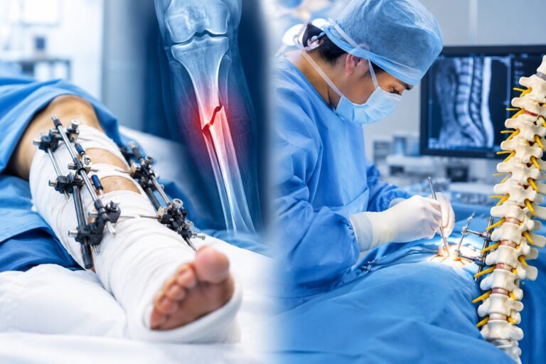 Orthopaedic surgeon performing surgery with a fractured leg and spinal anatomy.