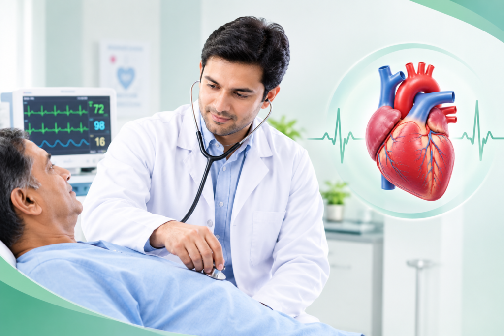Cardiologist examining a patient with ECG monitor and heart