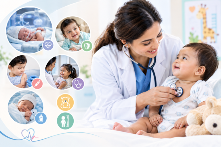 Paediatrics and neonatology care concept featuring a doctor examining a smiling baby with a stethoscope, surrounded by visuals of newborn care, vaccination, pediatric check-ups, infant growth, and neonatal support.
